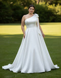 One Shoulder Satin A-line Plus Size Wedding Dress with belt