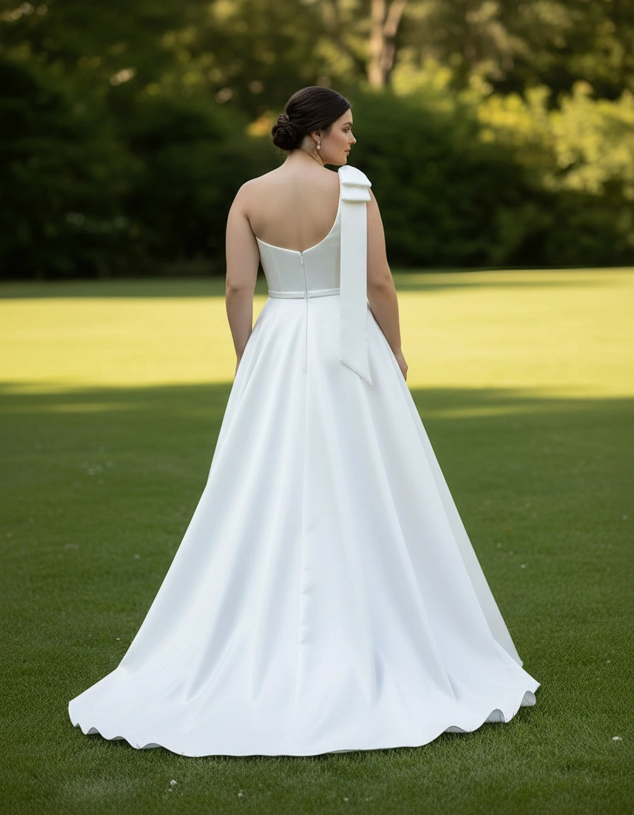 One Shoulder Satin A-line Plus Size Wedding Dress with belt