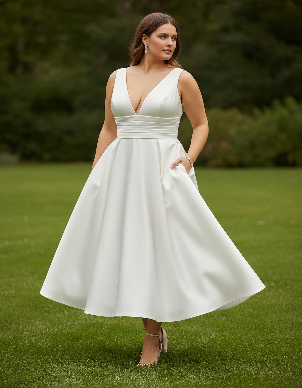 V-neck Pleated Waist Satin A-line Plus Size Satin Tea Length Wedding Dress with Pockets