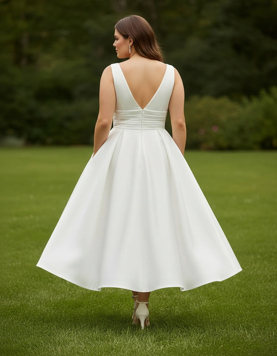 V-neck Pleated Waist Satin A-line Plus Size Satin Tea Length Wedding Dress with Pockets