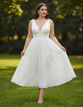 V-neck Sleeveless Chiffon Tea Length Plus Size Wedding Dress