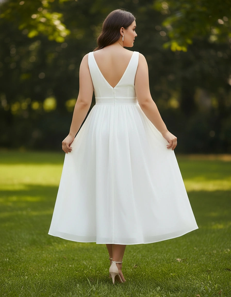 V-neck Sleeveless Chiffon Tea Length Plus Size Wedding Dress Ms. Grace V-neck Sleeveless Chiffon Tea Length Plus Size Wedding Dress Ms. Grace