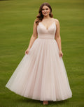 Spaghetti Straps Pleated Tulle A-line Plus Size Ankle Length Wedding Dress