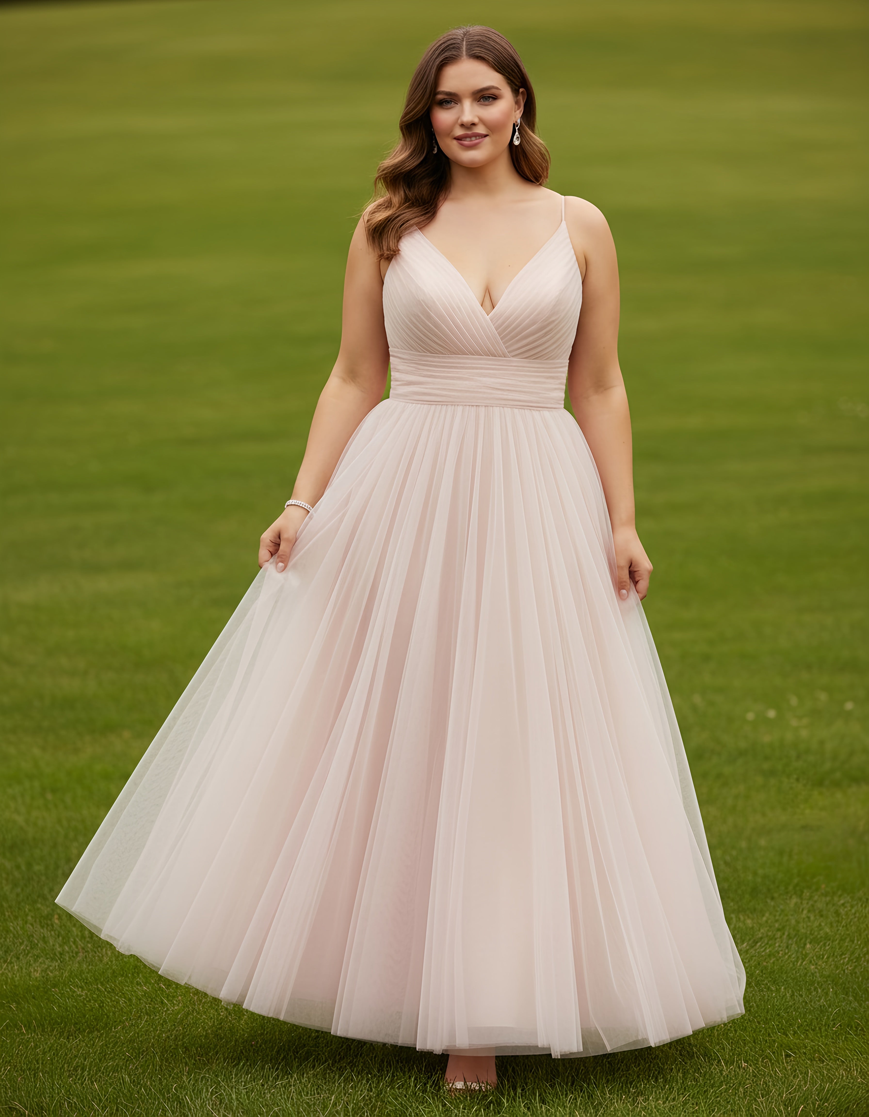 Spaghetti Straps Pleated Tulle A-line Plus Size Ankle Length Wedding Dress