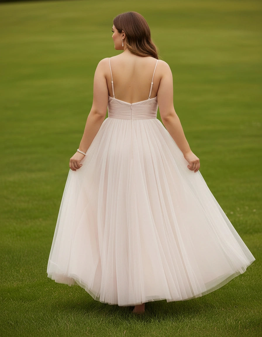 Spaghetti Straps Pleated Tulle A-line Plus Size Ankle Length Wedding Dress