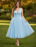 V-neck Pleated Waist Tulle A-line Plus Size Tea Length Wedding Dress