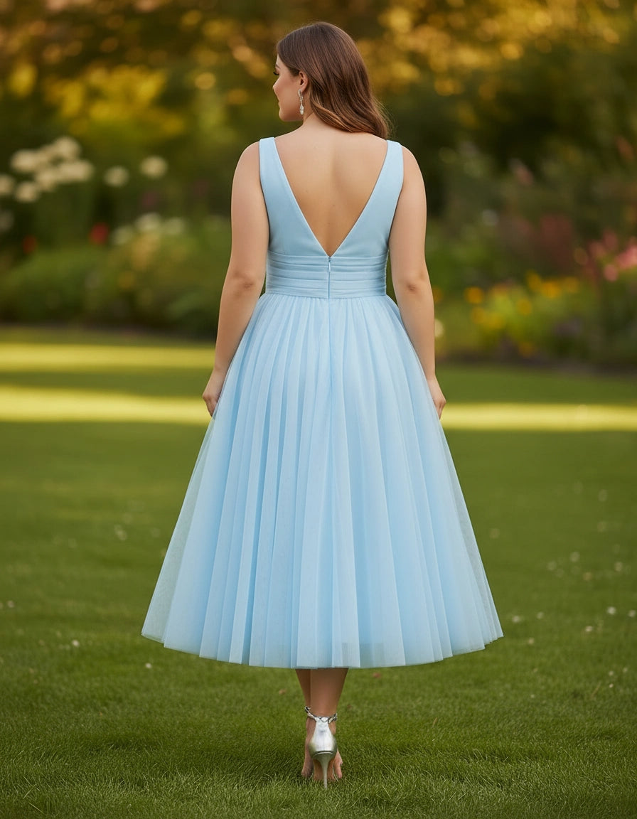 V-neck Pleated Waist Tulle A-line Plus Size Tea Length Wedding Dress