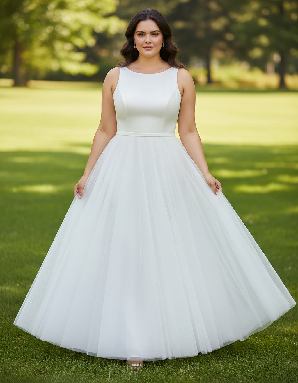 Scoop Neck Sleeveless Satin and Tulle A-line Tea Length Plus Size Wedding Dress