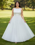 Scoop Neck Sleeveless Satin and Tulle A-line Tea Length Plus Size Wedding Dress