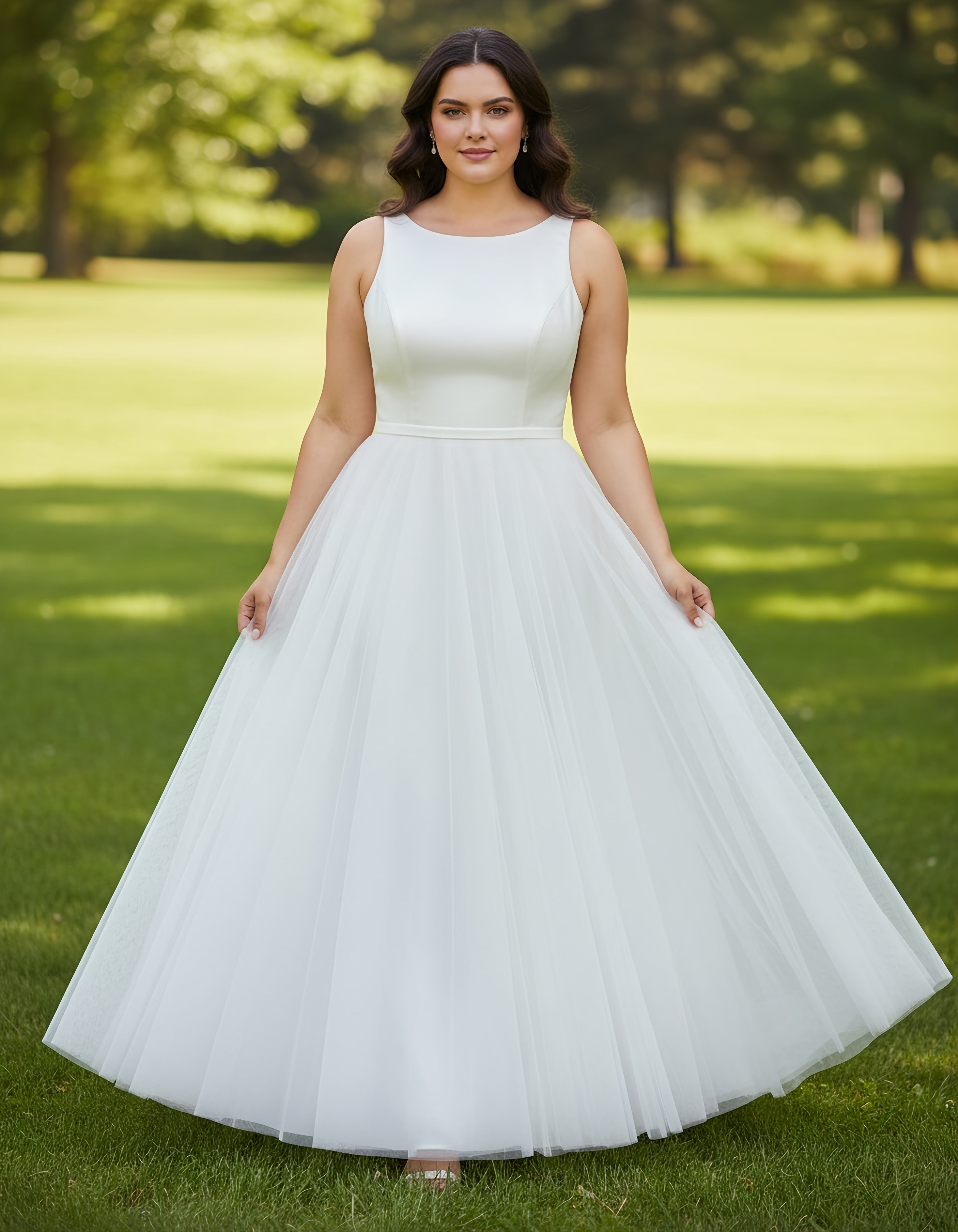 Scoop Neck Sleeveless Satin and Tulle A-line Tea Length Plus Size Wedding Dress