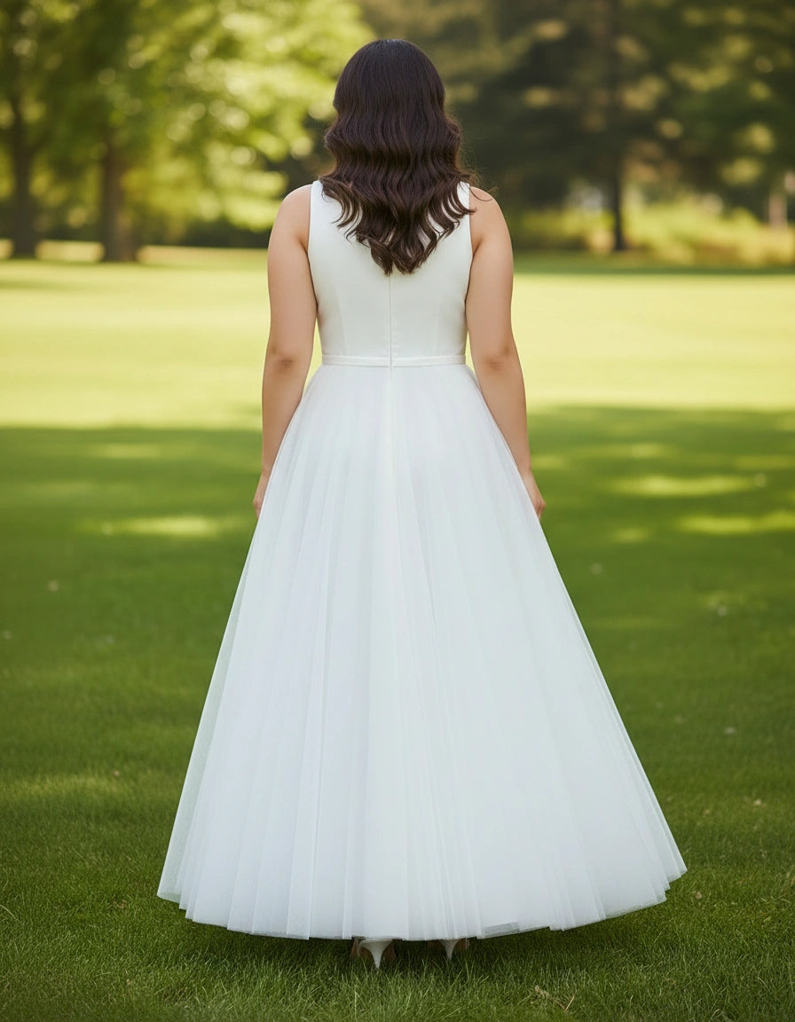 Scoop Neck Sleeveless Satin and Tulle A-line Tea Length Plus Size Wedding Dress