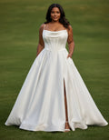 Spaghetti Straps Corset Bodice Satin Ball Gown Plus Size Wedding Dress with Slit