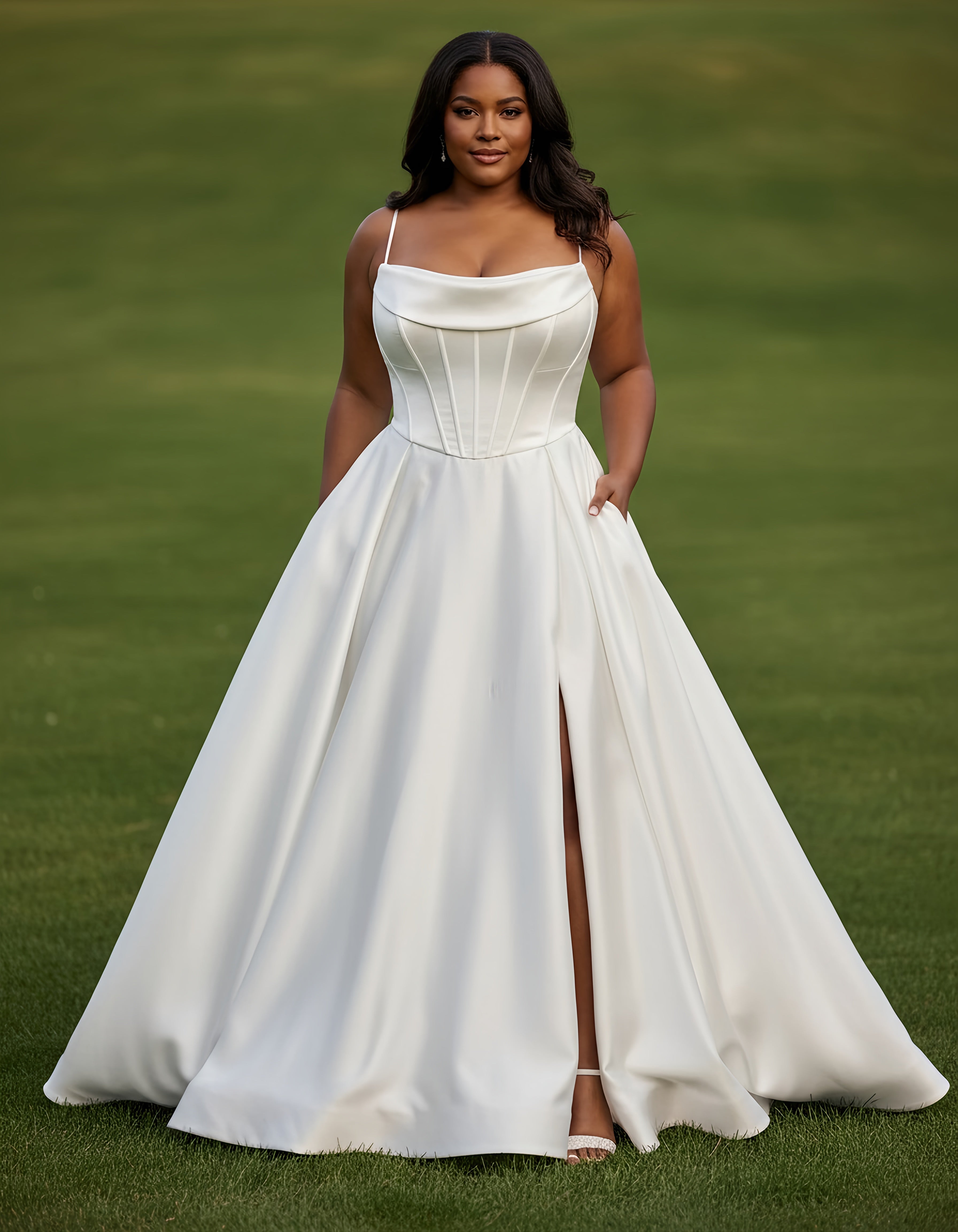 Spaghetti Straps Corset Bodice Satin Ball Gown Plus Size Wedding Dress with Slit