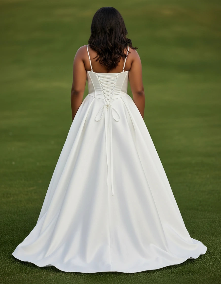 Spaghetti Straps Corset Bodice Satin Ball Gown Plus Size Wedding Dress with Slit