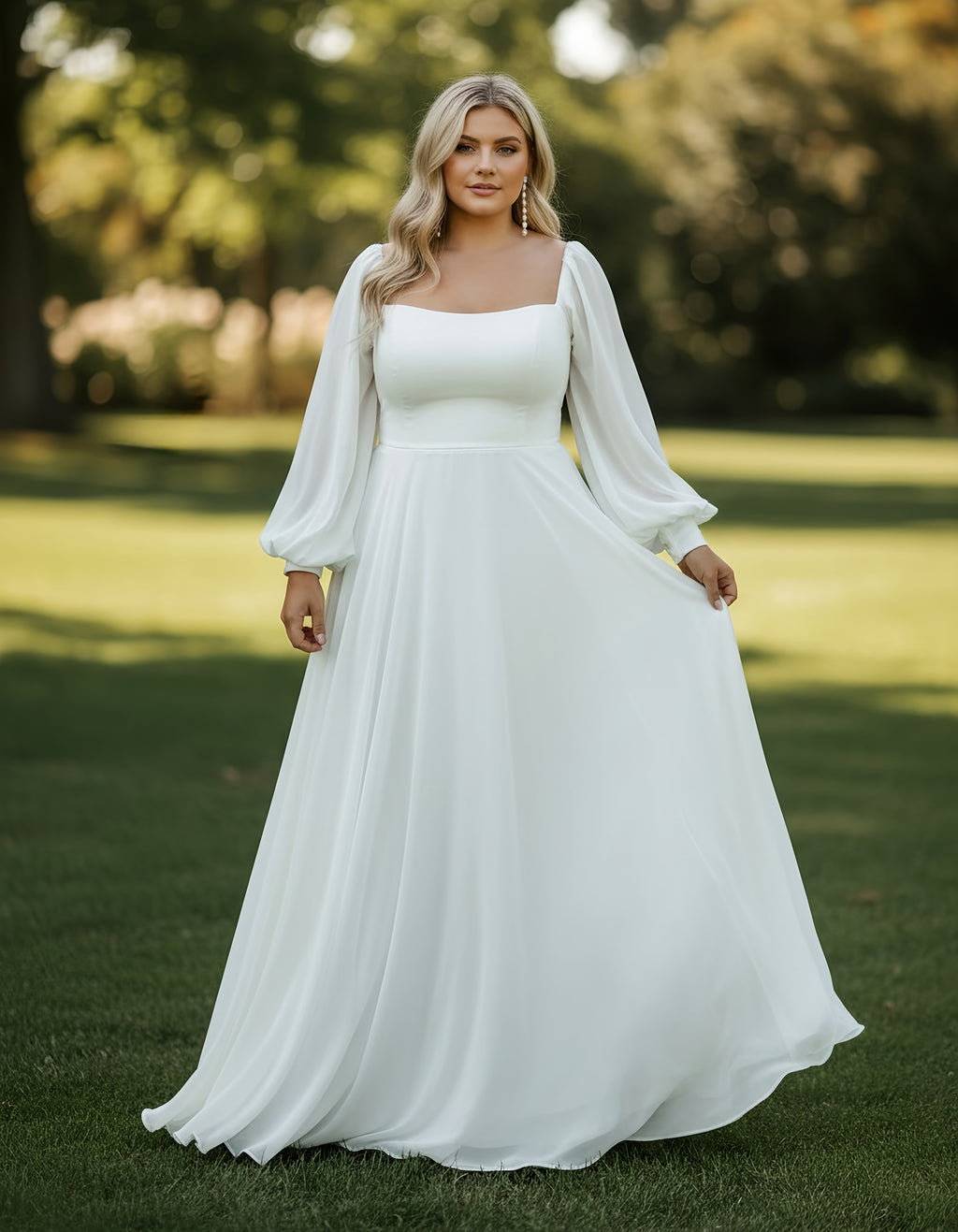 Long Sleeves Square Neck Chiffon A-line Plus Size Wedding Dress