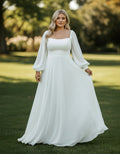 Long Sleeves Square Neck Chiffon A-line Plus Size Wedding Dress