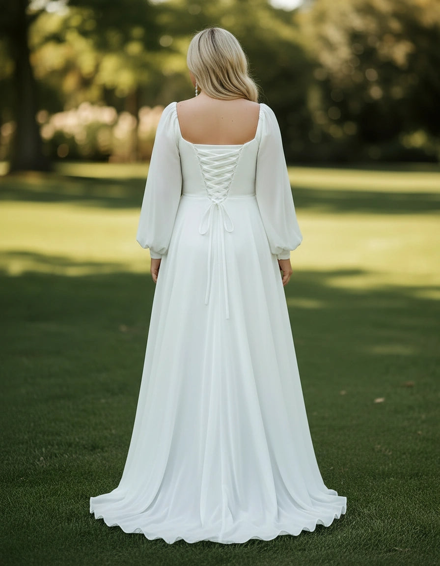 Long Sleeves Square Neck Chiffon A-line Plus Size Wedding Dress