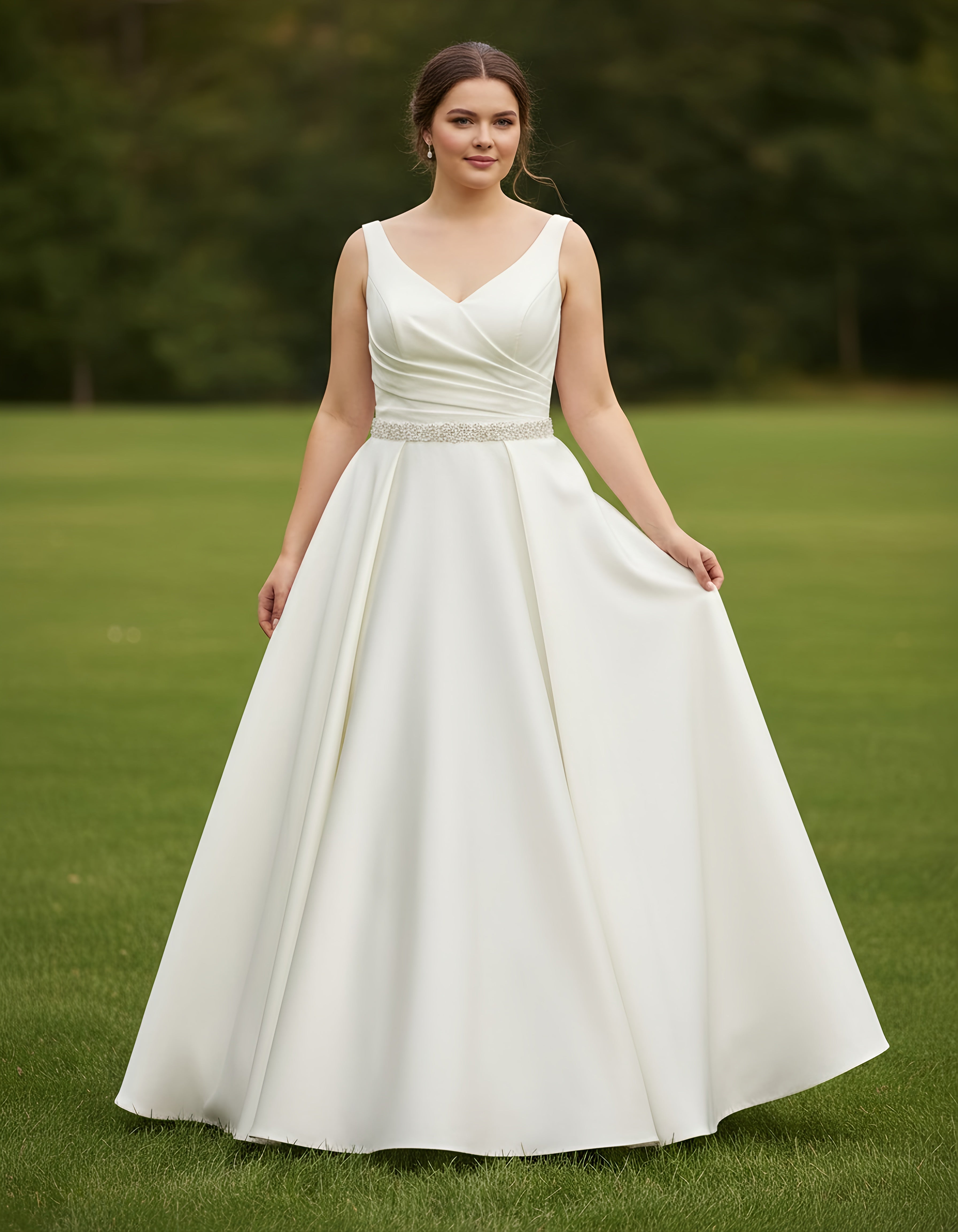 V-neck Beaded Waist Satin A-line Plus Size Wedding Dress