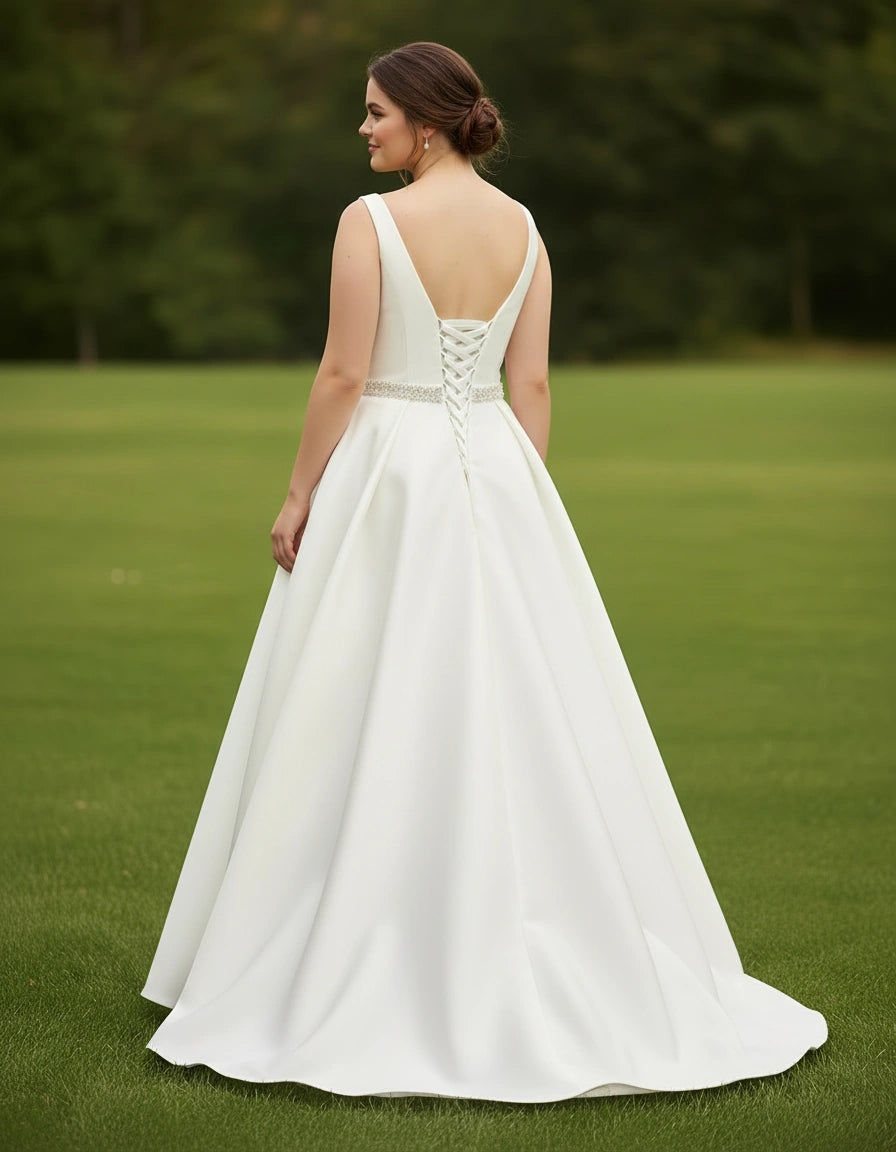 V-neck Beaded Waist Satin A-line Plus Size Wedding Dress