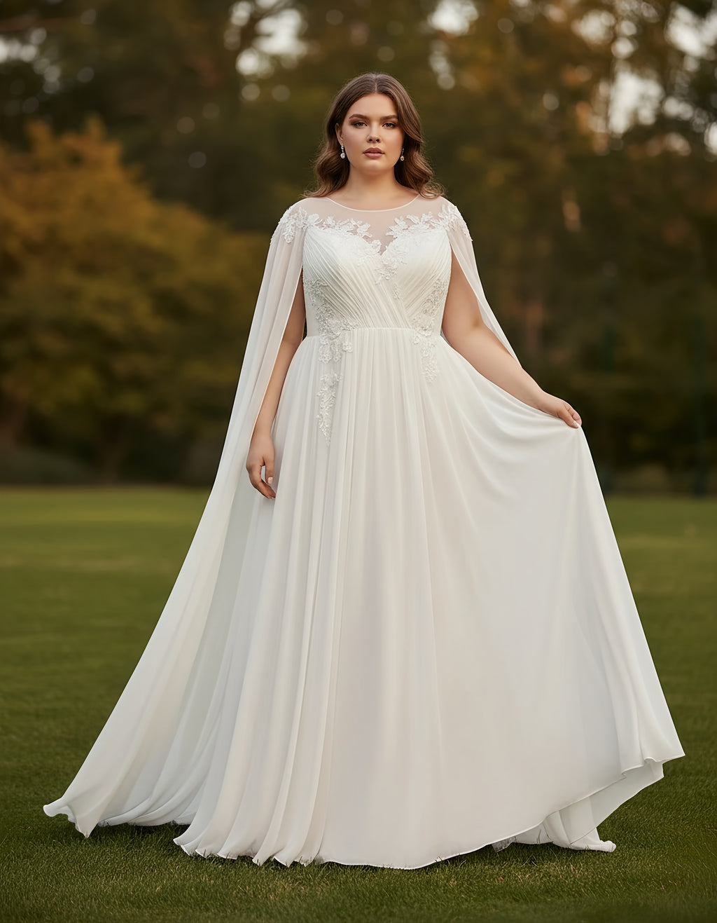 Illusion Neck Chiffon A-line Plus Size Wedding Dress with Cape and Appliques
