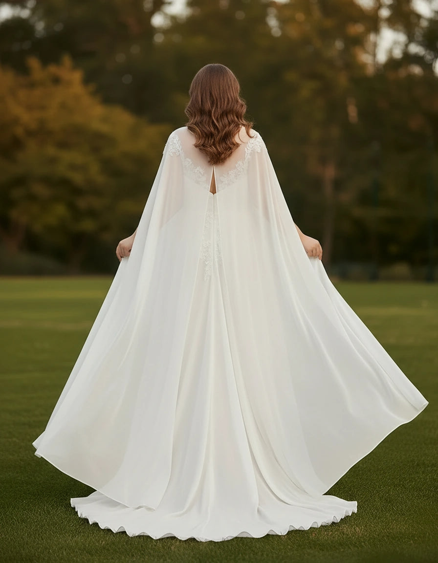 Illusion Neck Chiffon A-line Plus Size Wedding Dress with Cape and Appliques