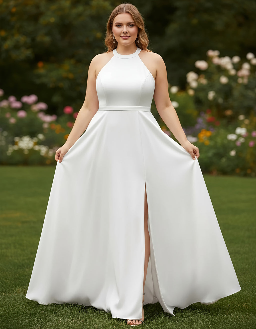 Halter Neck Satin A-line Plus Size Bridal Gown with Slit