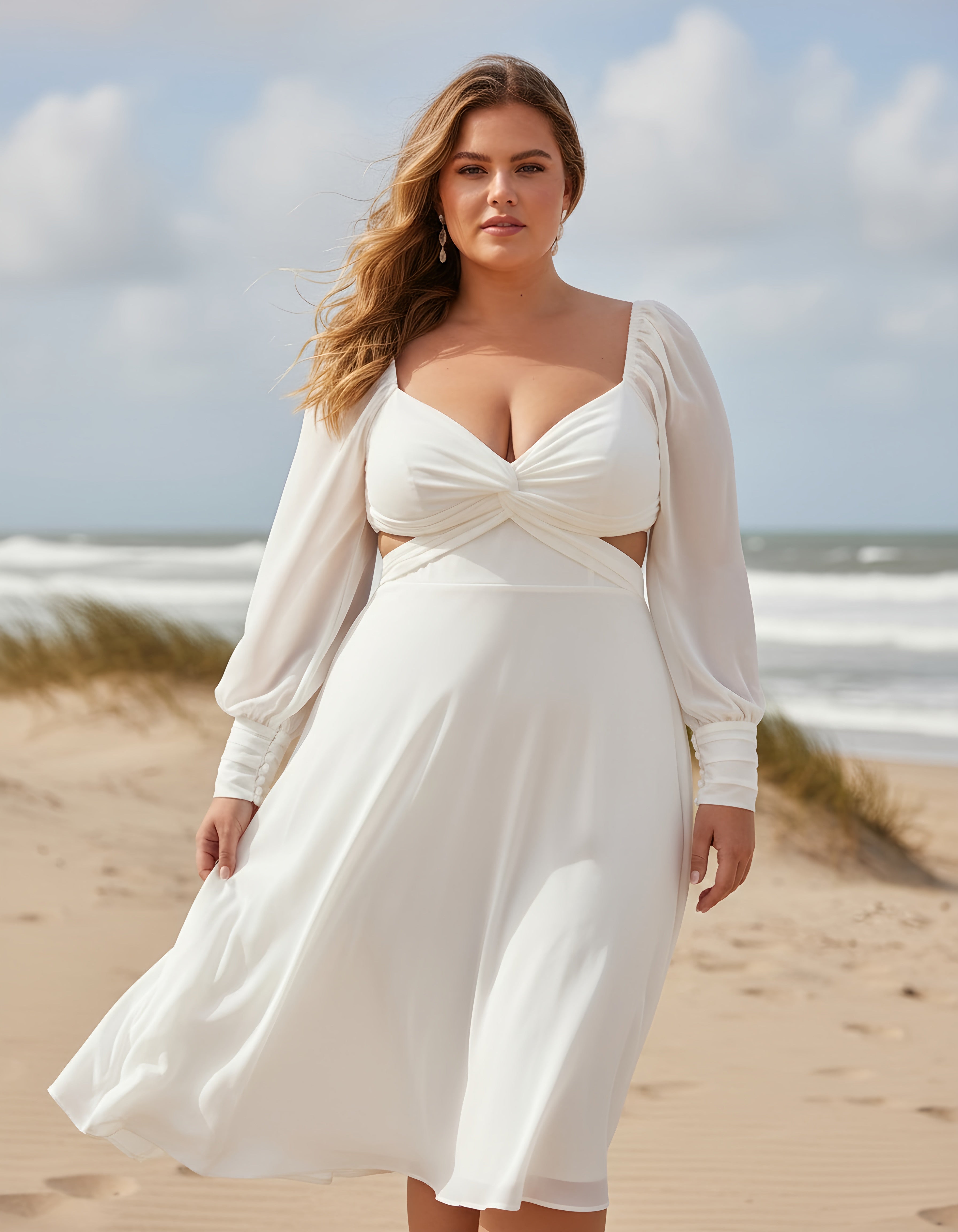 Long Sleeve Knee Length Chiffon A-line Wedding Dress