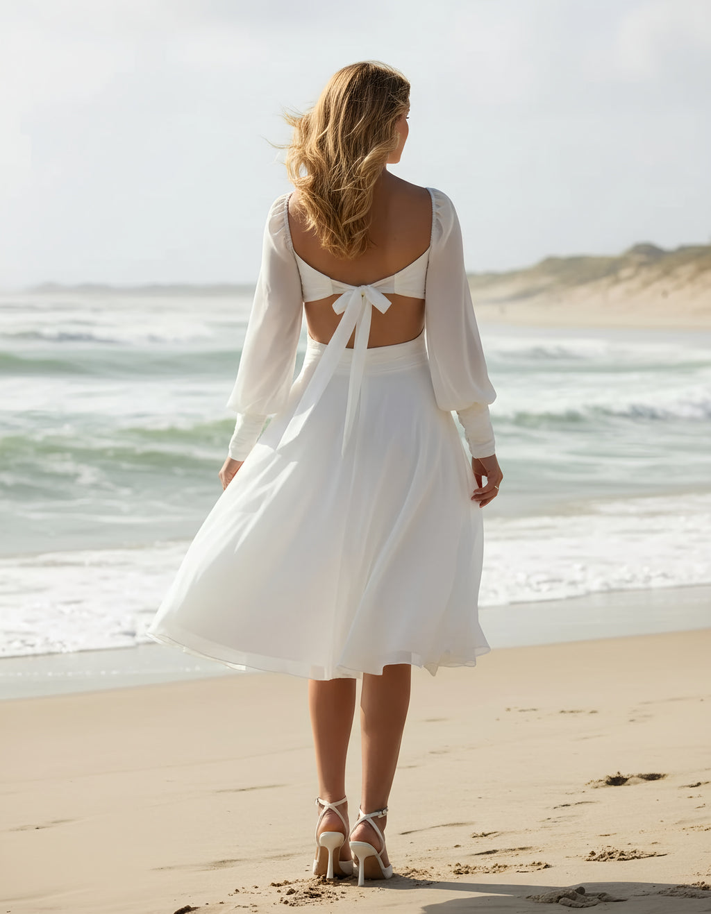 Long Sleeve Knee Length Chiffon A-line Wedding Dress