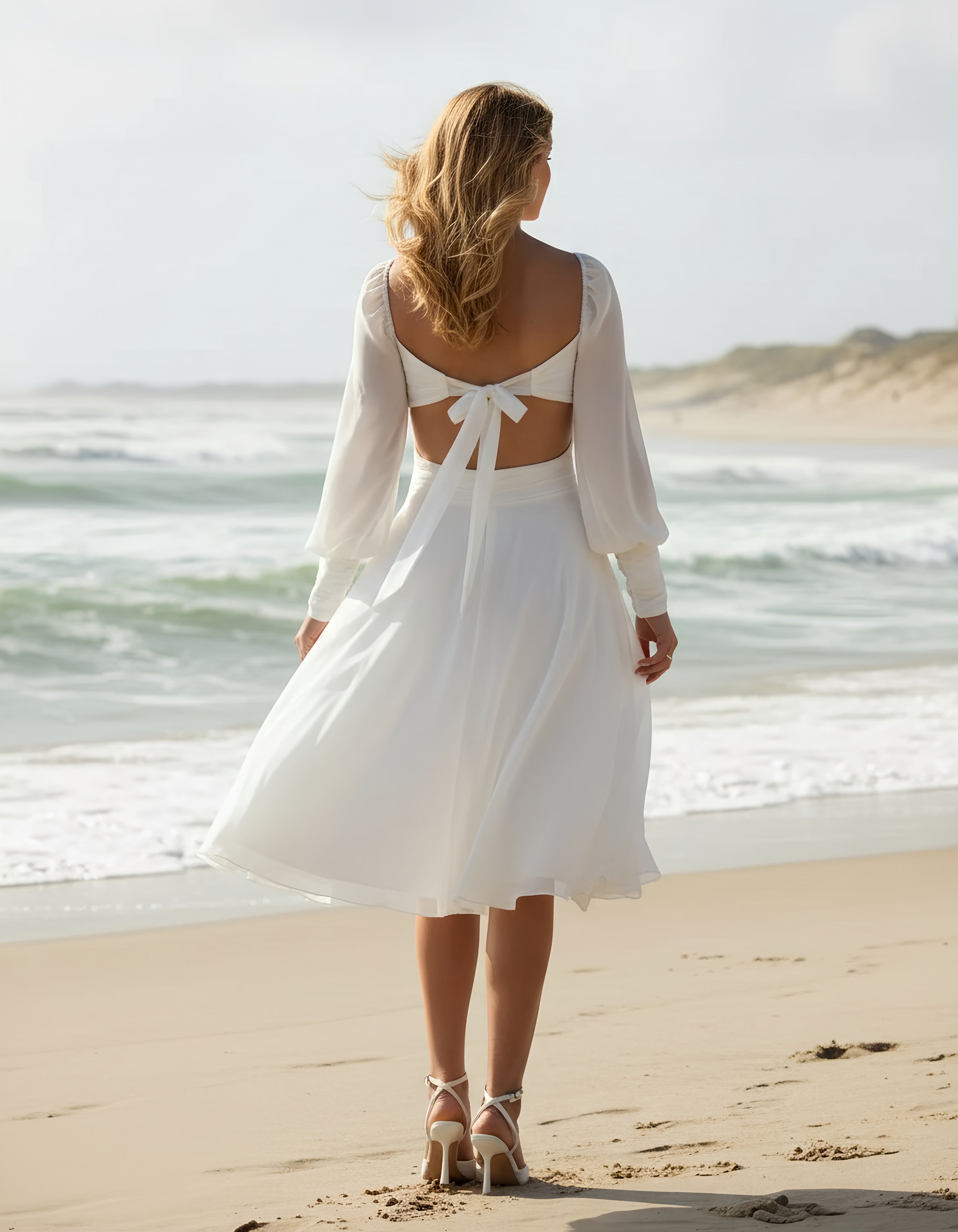 Long Sleeve Knee Length Chiffon A-line Wedding Dress