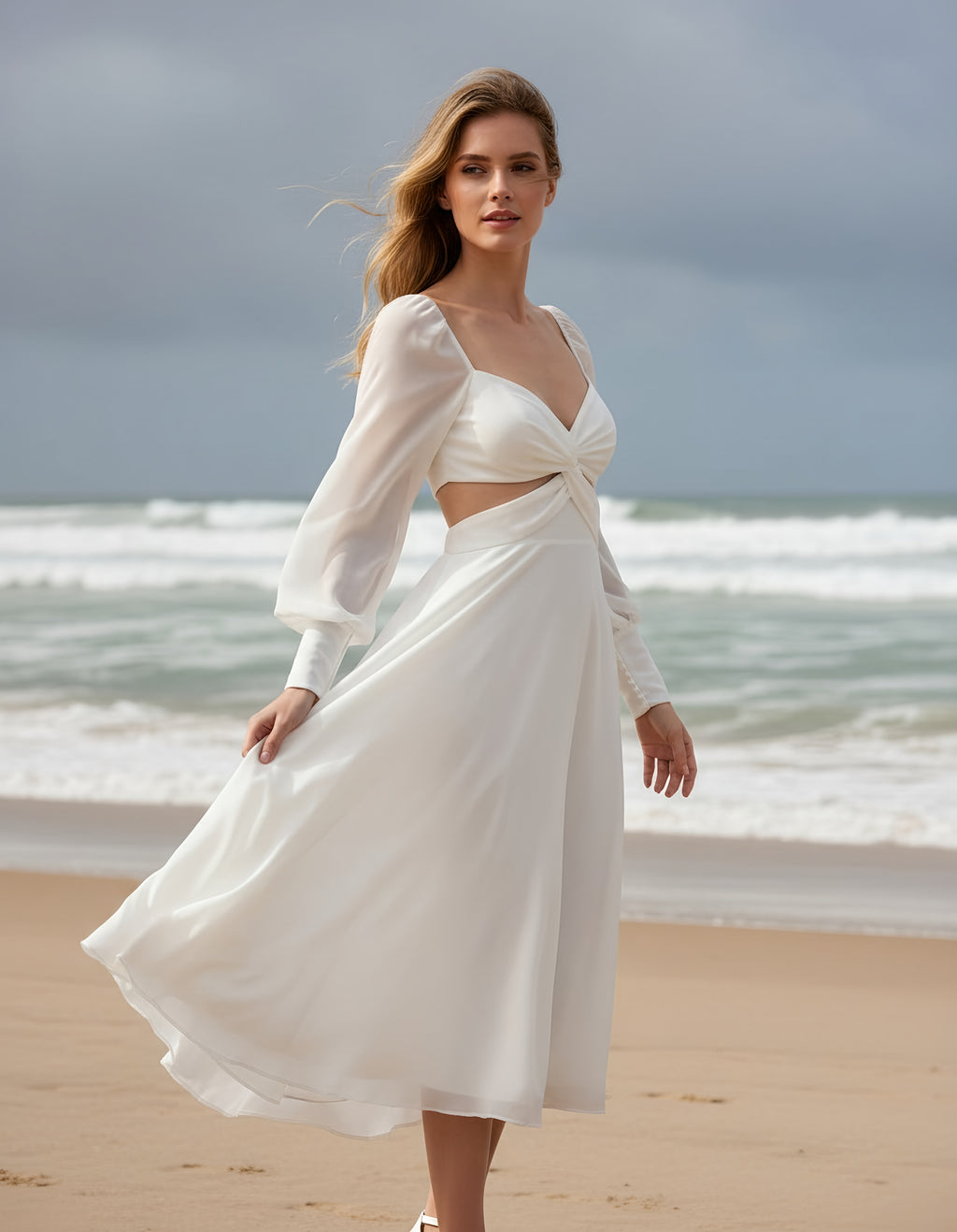 Long Sleeve Knee Length Chiffon A-line Wedding Dress