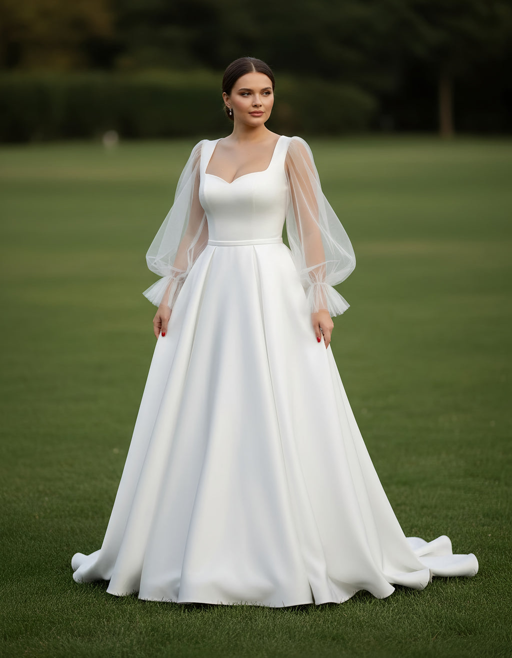 Puffy Tulle Long Sleeves Satin A-line Bridal Gown with Detachable Belt