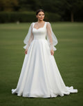 Puffy Tulle Long Sleeves Satin A-line Bridal Gown with Detachable Belt