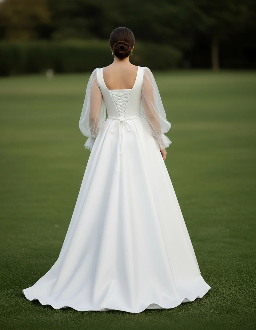 Puffy Tulle Long Sleeves Satin A-line Bridal Gown with Detachable Belt