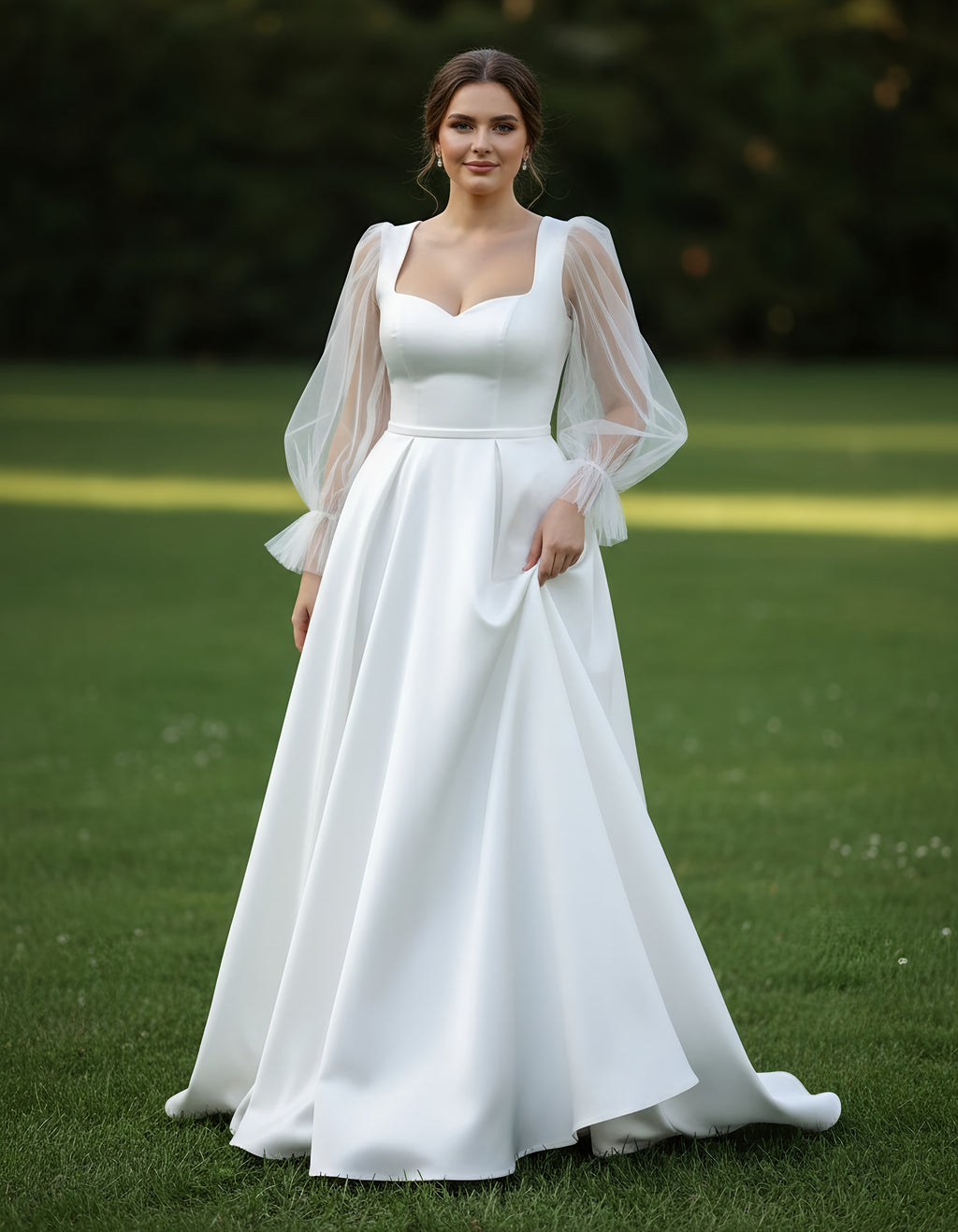 Puffy Tulle Long Sleeves Satin A-line Bridal Gown with Detachable Belt