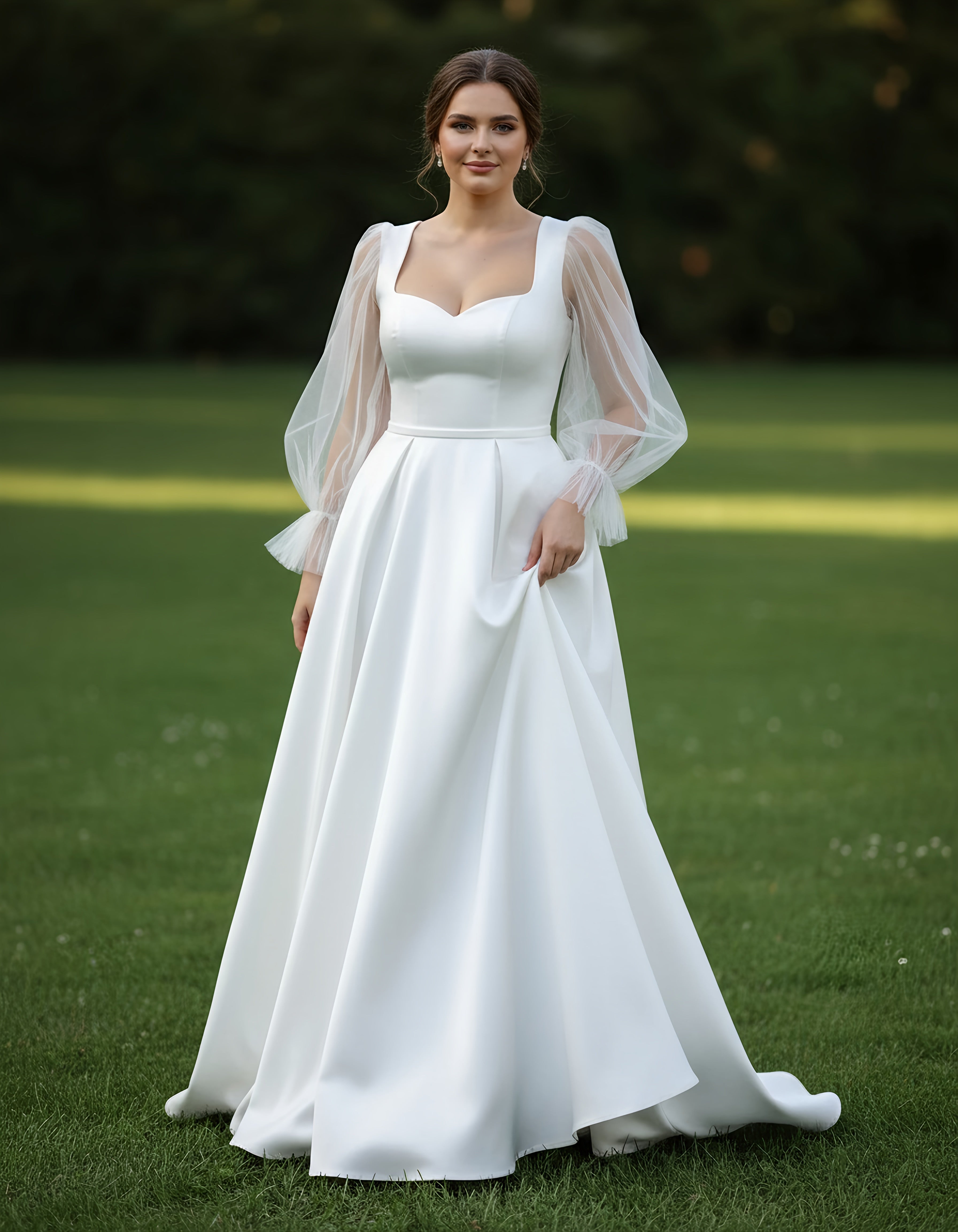 Puffy Tulle Long Sleeves Satin A-line Bridal Gown with Detachable Belt