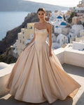 Strapless Satin Peaked Neckline Basque Wasit Ball Gown Wedding Dress