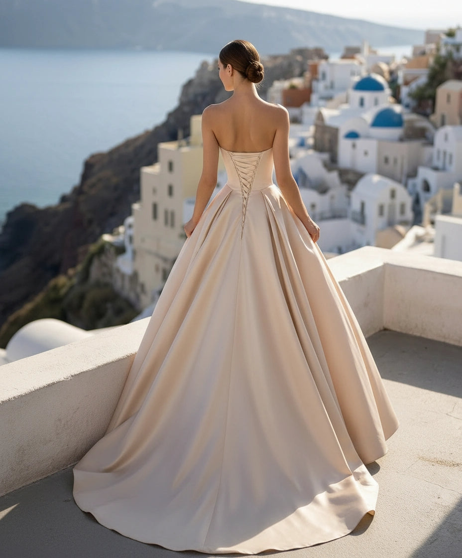 Strapless Satin Peaked Neckline Basque Wasit Ball Gown Wedding Dress