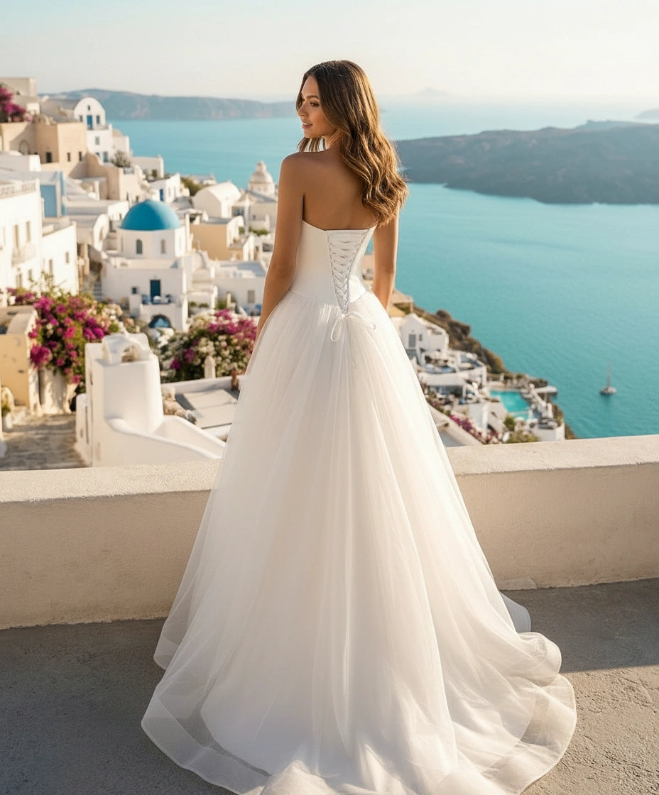 Strapless Satin Bodice Tulle Skirt Princess Bridal Gown