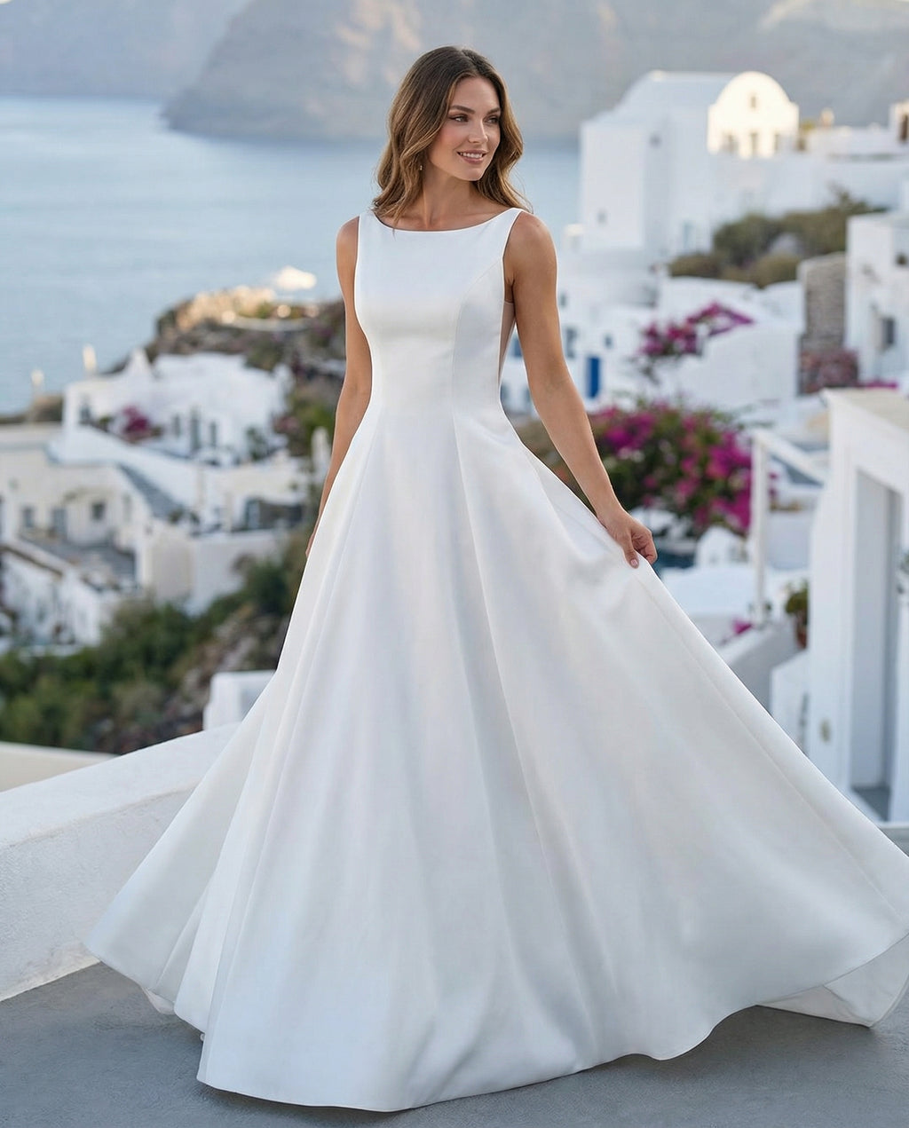 Boat Neck Sleeveless Illusion Sides Satin Bridal Gown