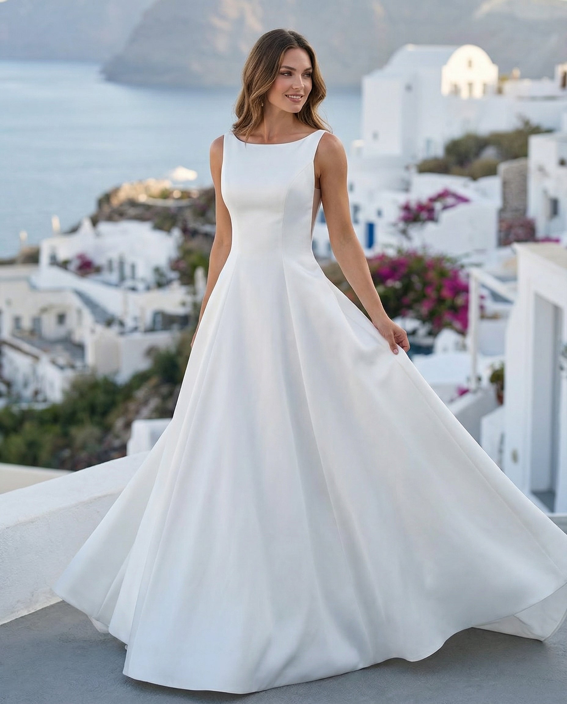 Boat Neck Sleeveless Illusion Sides Satin Bridal Gown