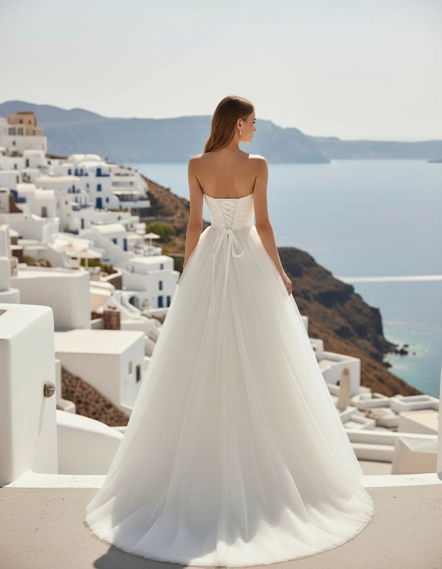 Pleated Satin Bodice Tulle Princess Wedding Dress