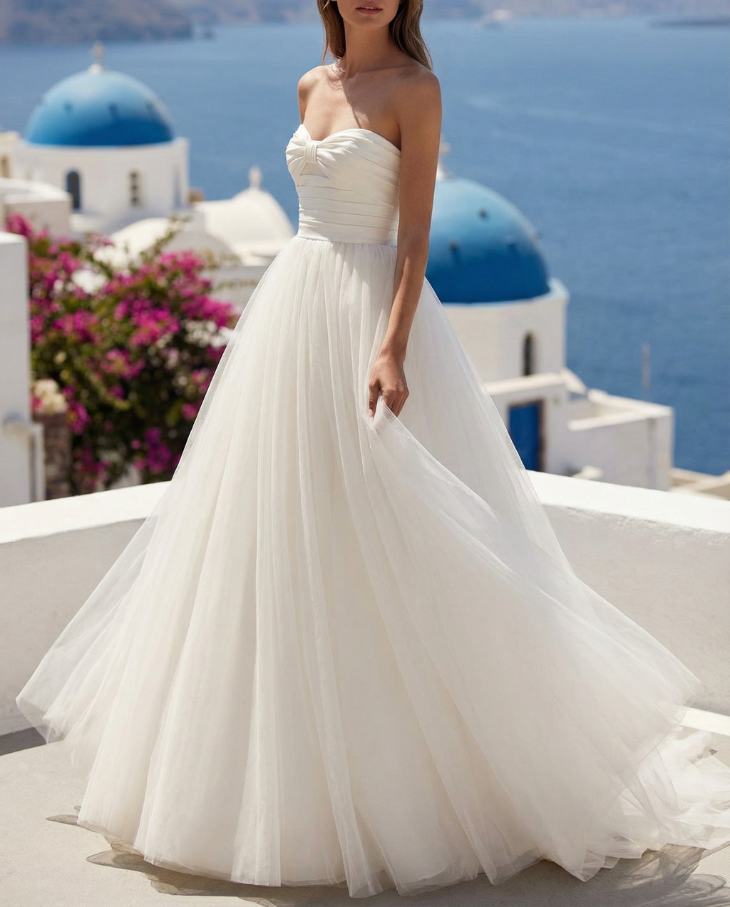 Pleated Satin Bodice Tulle Princess Wedding Dress