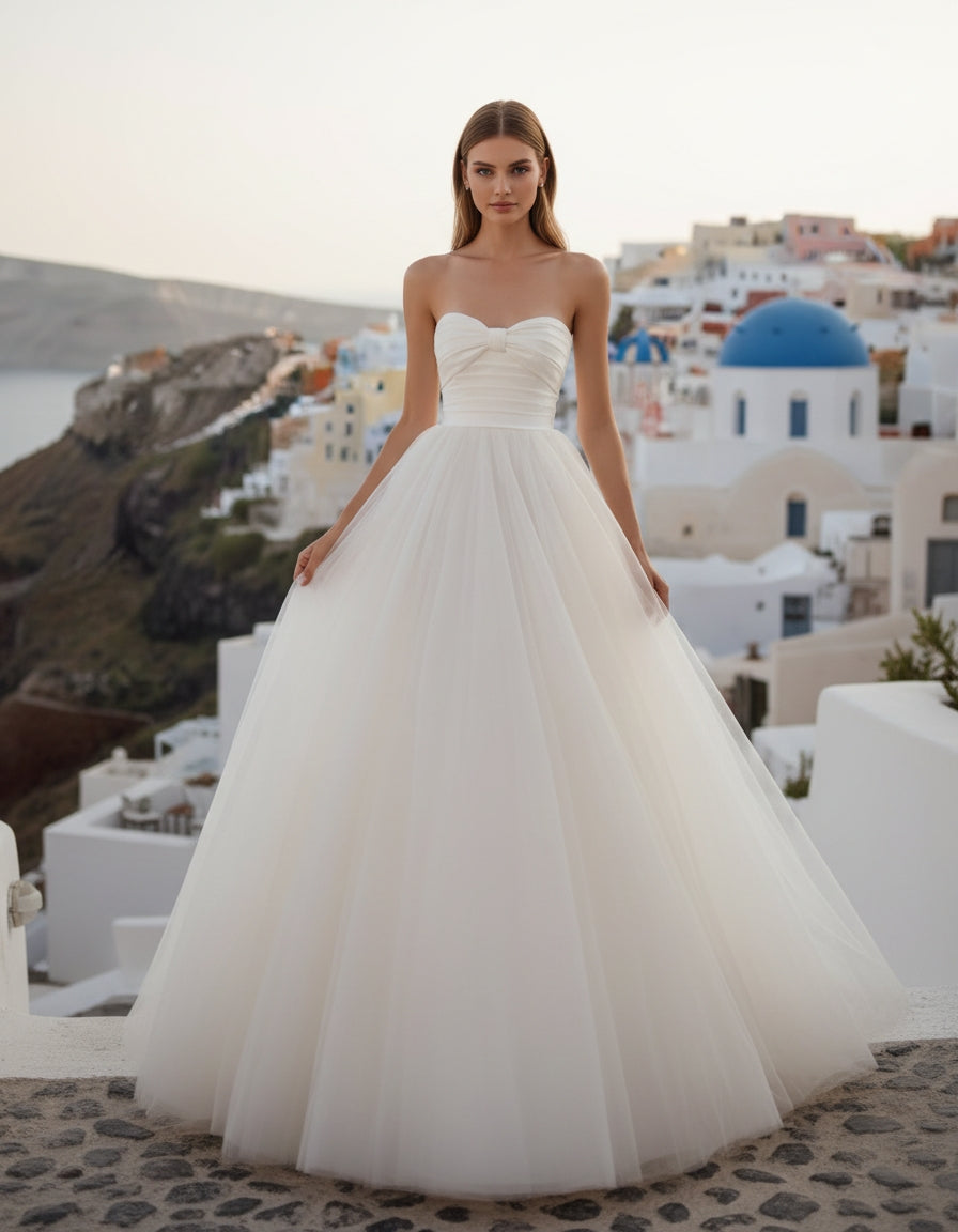 Pleated Satin Bodice Tulle Princess Wedding Dress