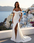 Off-the-shoulder Satin Sheath Wedding Dress with slit