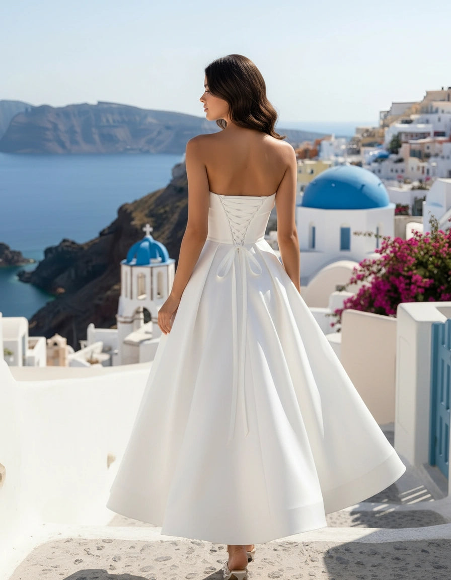 Strapless Satin Ankle Length Wedding Dress