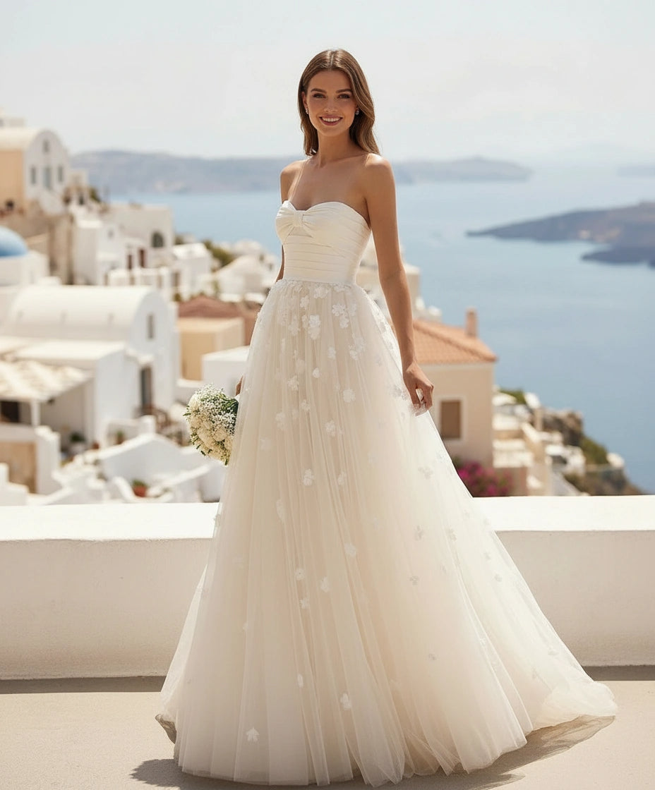 Pleated Satin Bodice Tulle Princess Wedding Dress with Flowers