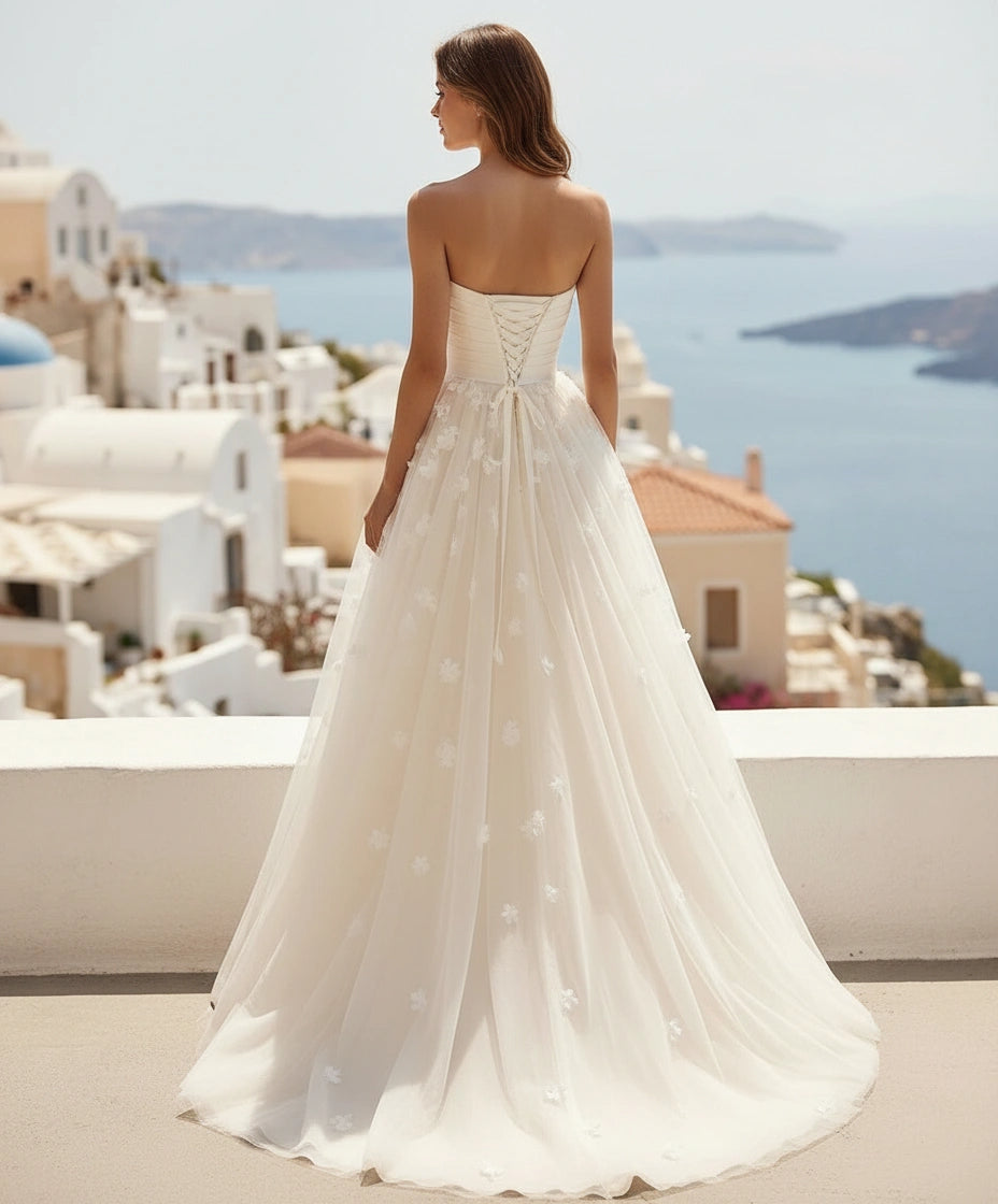 Pleated Satin Bodice Tulle Princess Wedding Dress with Flowers