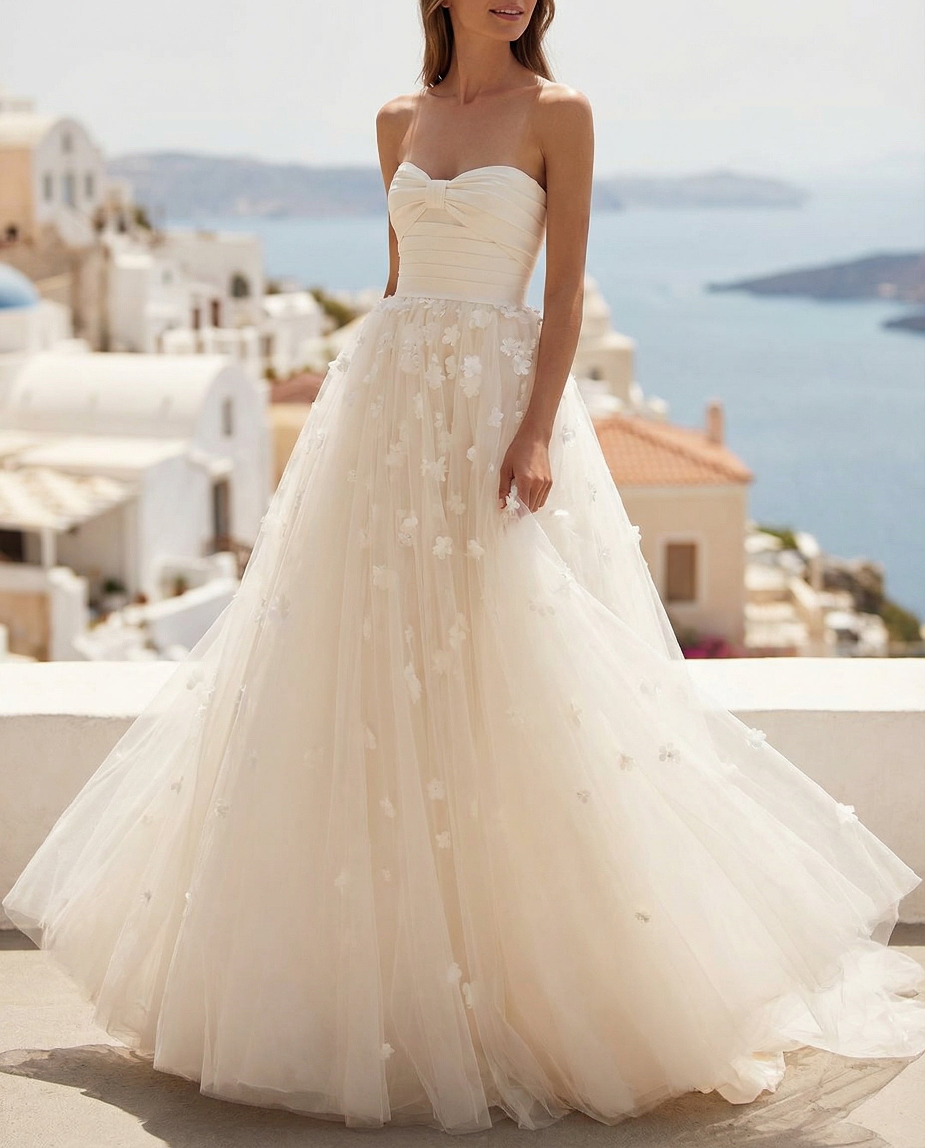 Pleated Satin Bodice Tulle Princess Wedding Dress with Flowers