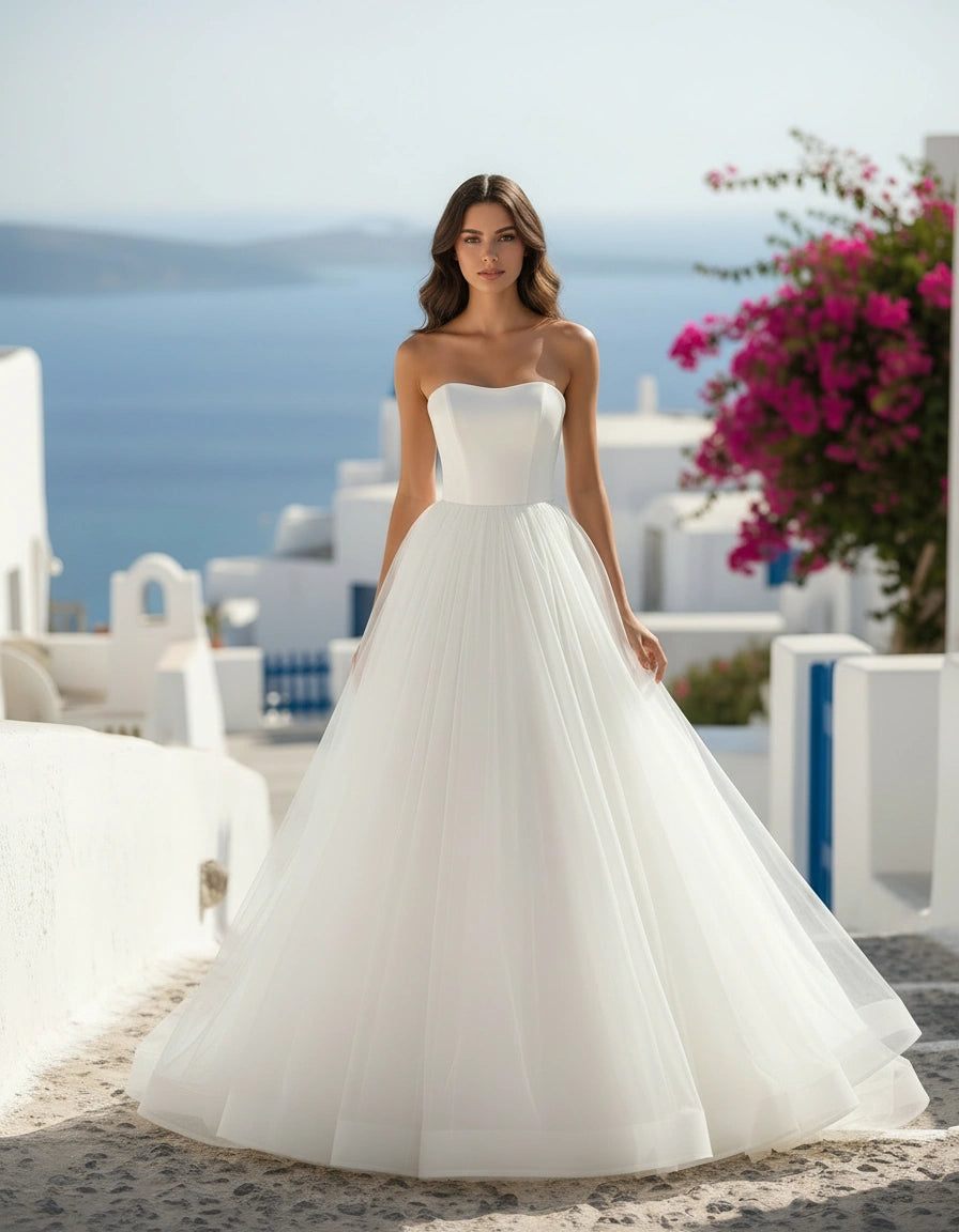 Minimalist Strapless Satin and Tulle Princess Wedding Dress