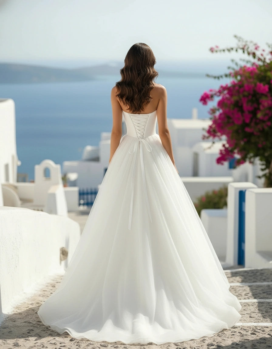 Minimalist Strapless Satin and Tulle Princess Wedding Dress